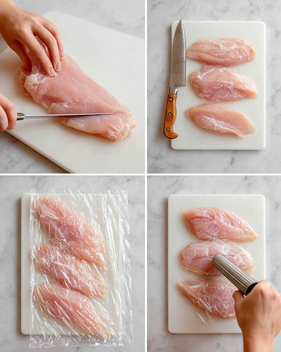 The image shows four steps of preparing raw chicken fillets on a white cutting board placed on a white marbled surface. Top left, a woman’s hand is holding a chicken fillet while a knife slices a thin layer off the piece; the chicken is pale pink with a smooth texture. Top right, three whole, pale pink raw fillets lie flat on the cutting board next to a knife with a wooden handle. Bottom left, the fillets are arranged in a row on the cutting board covered with clear plastic wrap, showing their smooth, shiny surface. Bottom right, a woman’s hand holds a meat tenderizer tool pressing down on the plastic-covered fillets, creating textured marks on the pale meat underneath. photo taken with an iphone --ar 4:5 --v 7