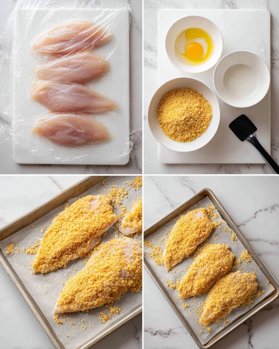 The image shows a four-step process of preparing coated chicken fillets. In the top-left, three raw, thin, pale pink chicken fillets lie on a white cutting board covered by clear plastic wrap, set on a white marbled surface. Top-right features two white bowls with one holding beaten egg and the other golden breadcrumb mixture beside two raw fillets on a white cutting board. The bottom-left shows three fillets fully coated with breadcrumbs, placed on a metal baking tray with some crumbs scattered around. Lastly, the bottom-right depicts the same tray with the fillets evenly spread out, fully covered in golden-brown breadcrumbs, ready for cooking, with a black spatula handle visible at the edge. Photo taken with an iphone --ar 4:5 --v 7