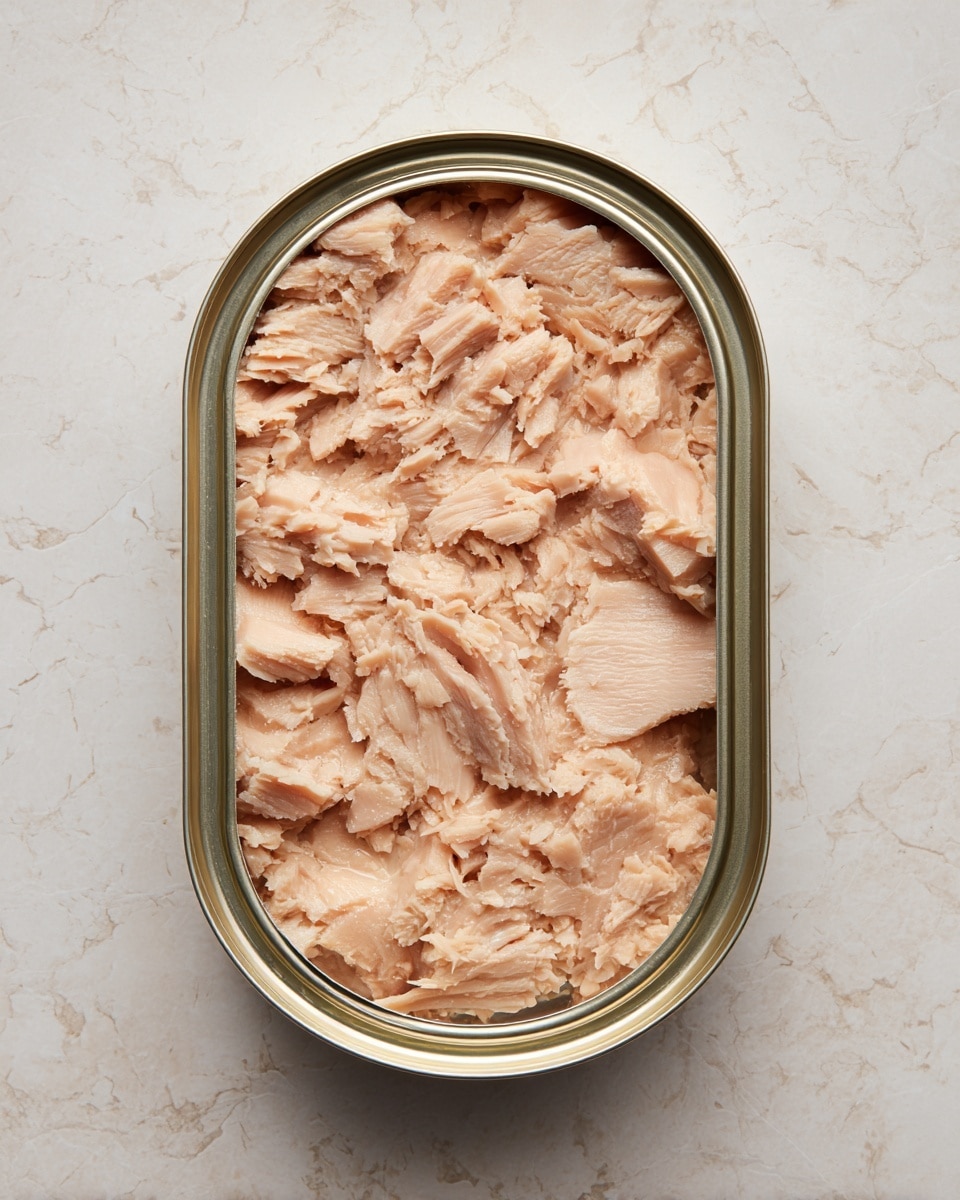 An opened oval silver can shows a single layer of light beige tuna chunks packed tightly inside. The texture looks flaky and slightly wet with a bit of shine, showing the fish in solid sheets and some smaller pieces around the edges. The can sits on a white marbled surface, with no other items in the image. The lighting is bright and clear, highlighting the natural soft color and detail of the tuna. photo taken with an iphone --ar 4:5 --v 7