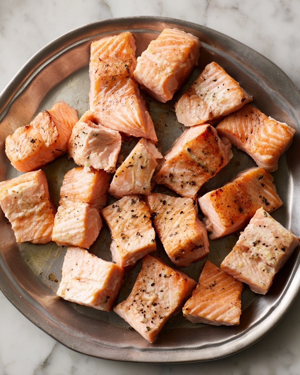 The image shows many uneven pieces of cooked salmon placed on a metal tray. The salmon pieces are light pink with some darker orange-brown edges, showing a mix of smooth and flaky textures. The salmon looks moist and tender, with black specks of seasoning visible on some pieces. The metal tray holding the salmon has a slightly raised edge and a cool silver color. The tray sits on a surface with a white marbled texture. photo taken with an iphone --ar 4:5 --v 7
