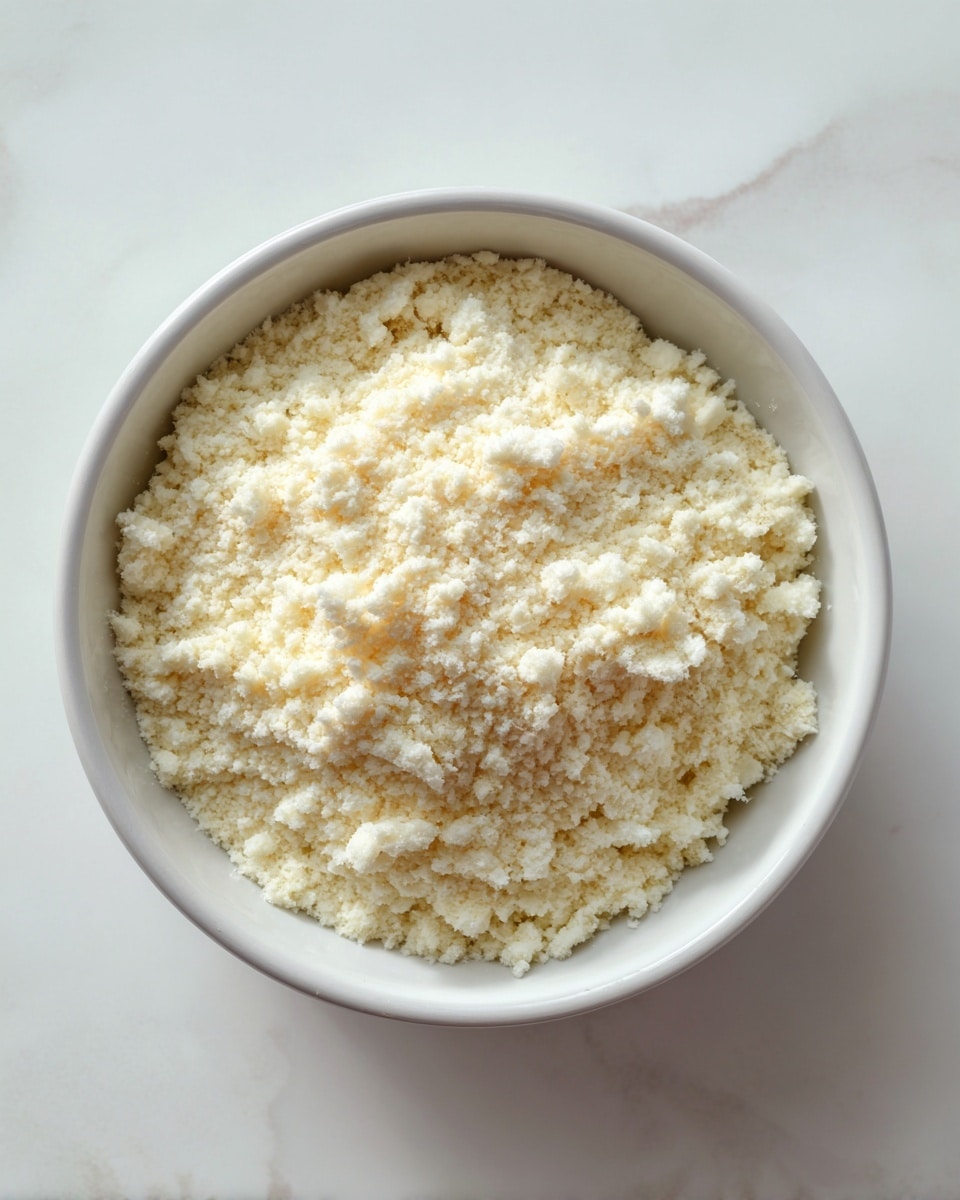 A white bowl filled with fine, fluffy white and light yellow crumbly mixture that looks soft and light in texture. The bowl sits on a white marbled surface. The crumbly mixture is evenly spread inside the bowl, showing a slightly uneven, natural texture with small clumps and specks of light yellow throughout. Photo taken with an iphone --ar 4:5 --v 7