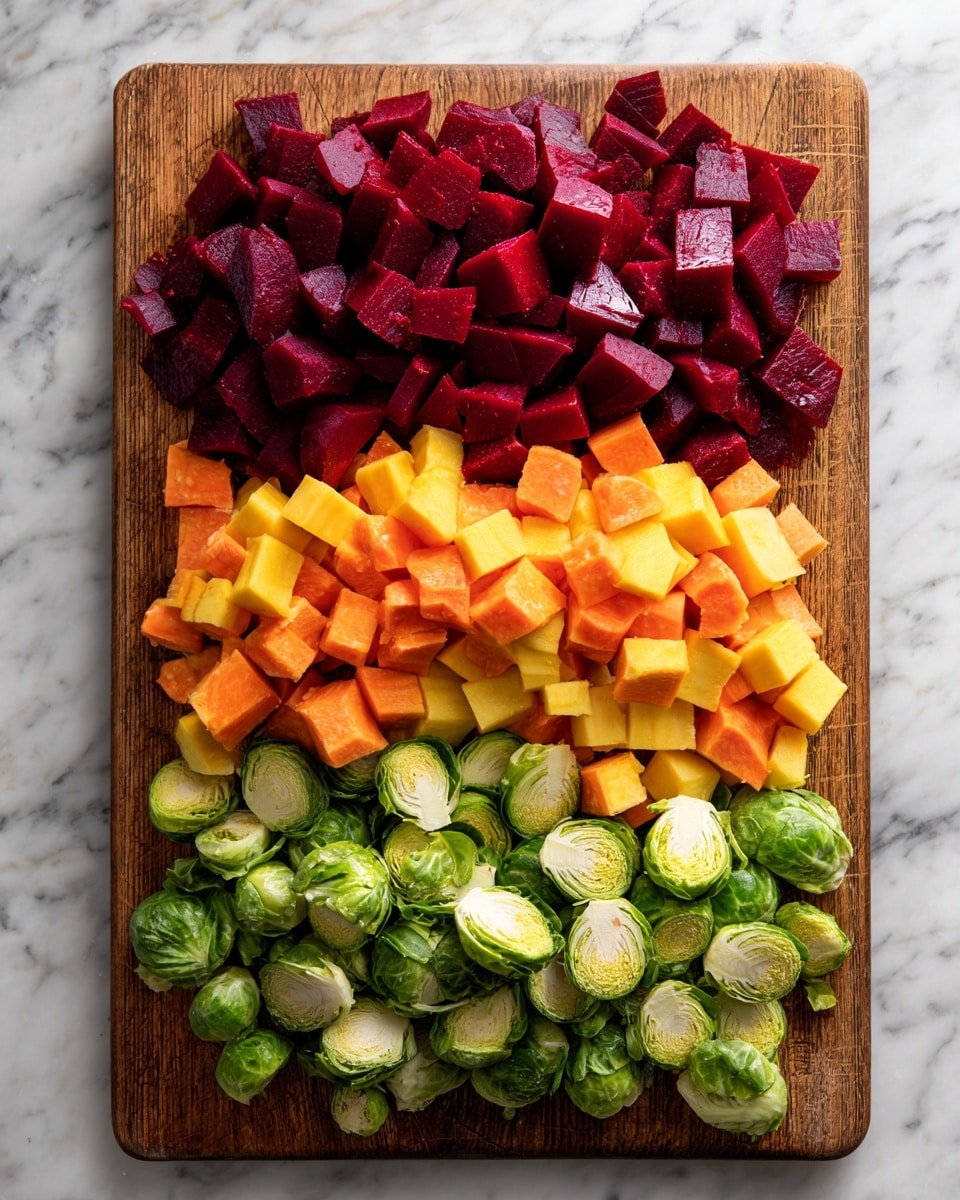 The image shows a wooden cutting board with three layers of chopped vegetables, arranged in neat horizontal rows. The top layer features deep red, cubed beets with a smooth texture, the middle layer has bright orange, choppy pieces of sweet potato with slight rough edges, and the bottom layer consists of green Brussels sprouts that are cut in half, showing their layered leaves and fresher inside. The board is placed on a white marbled surface. Photo taken with an iphone --ar 4:5 --v 7