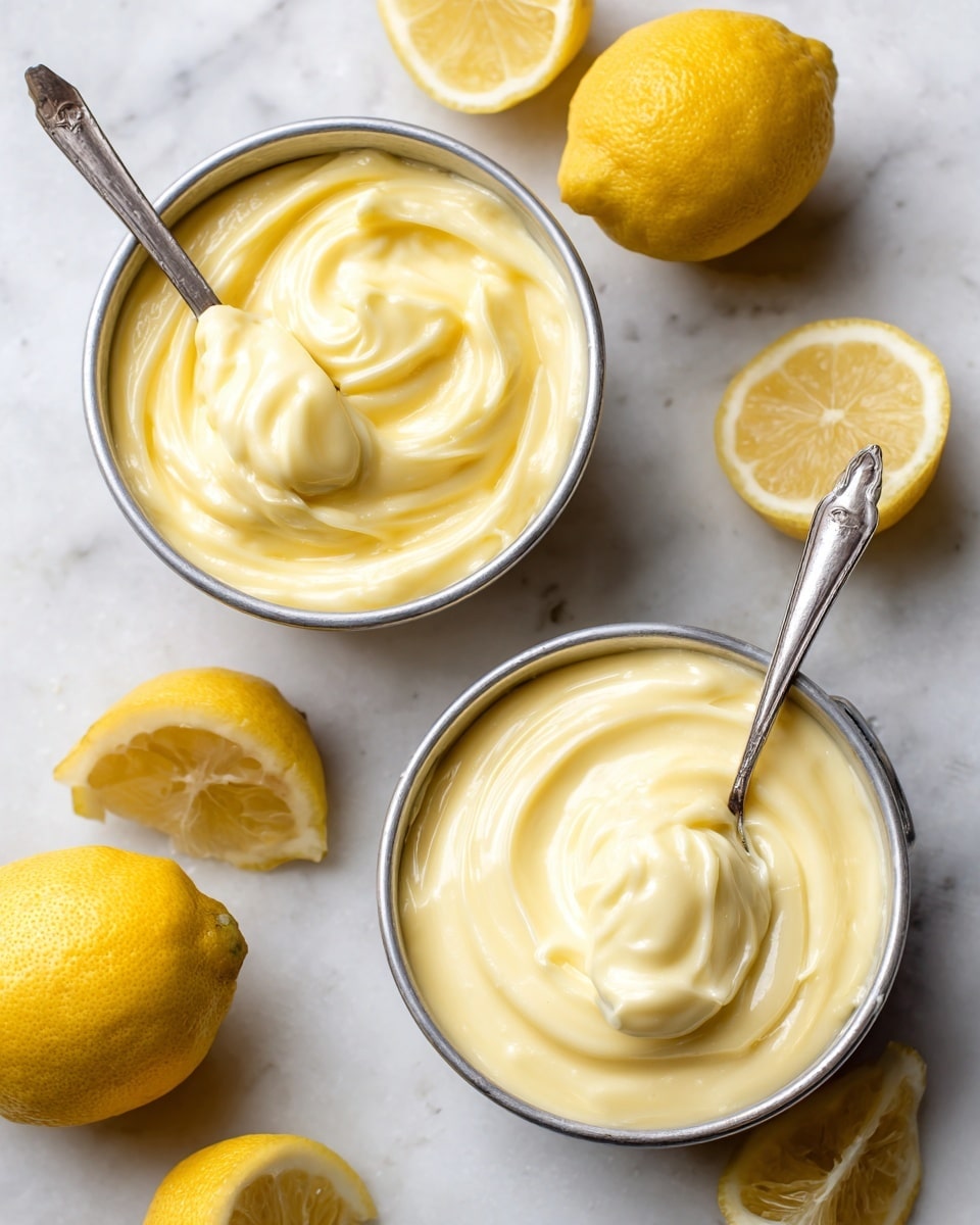 A small white bowl filled with round yellow balls covered lightly in white powder. One ball is bitten, showing a smooth, creamy yellow inside. The bowl sits on a white marbled surface with a green checkered cloth and a sliced lemon blurred in the background. The texture of the balls looks soft and dense. photo taken with an iphone --ar 4:5 --v 7