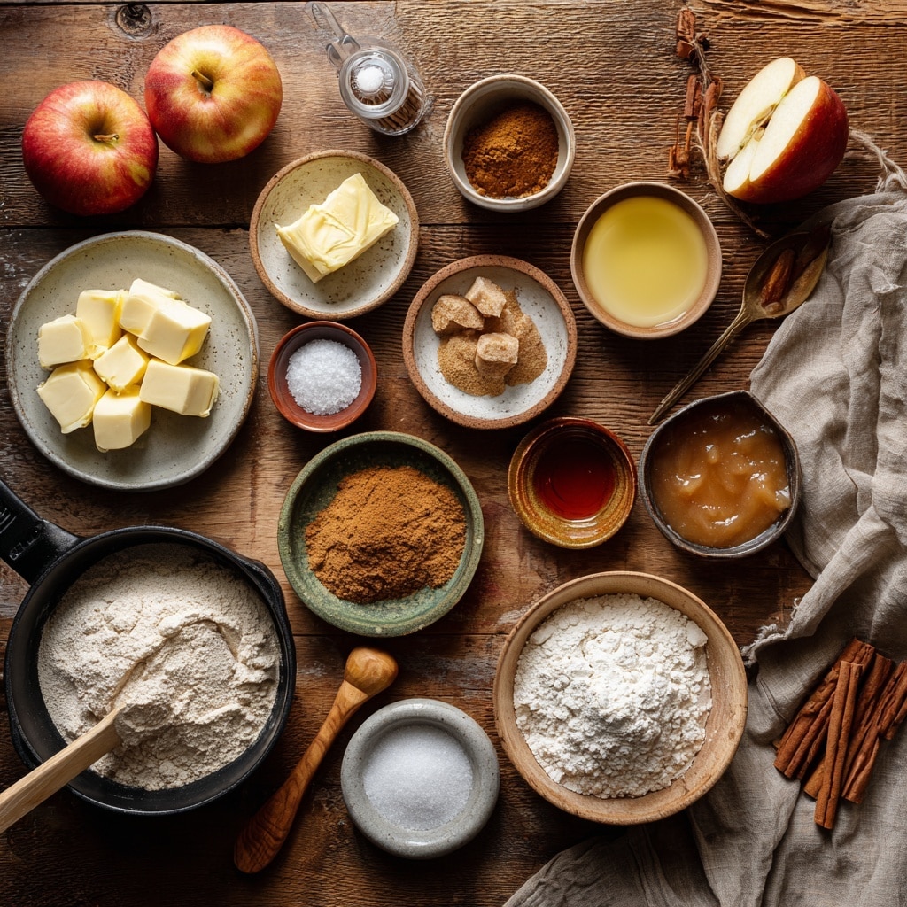 The image shows several small round apple tarts on light brown paper with a few cinnamon sticks and fresh apple slices nearby. Each tart has a thick, textured crust with a slightly rough surface and a raised edge. Inside the crust, the filling is made of chunky apple pieces coated in a glossy, caramel-colored sauce speckled with cinnamon. The apple pieces are light yellow with touches of warm brown spices. The tarts are close together on the paper, creating a cozy, homemade feel. The photo is taken with an iphone --ar 4:5 --v 7