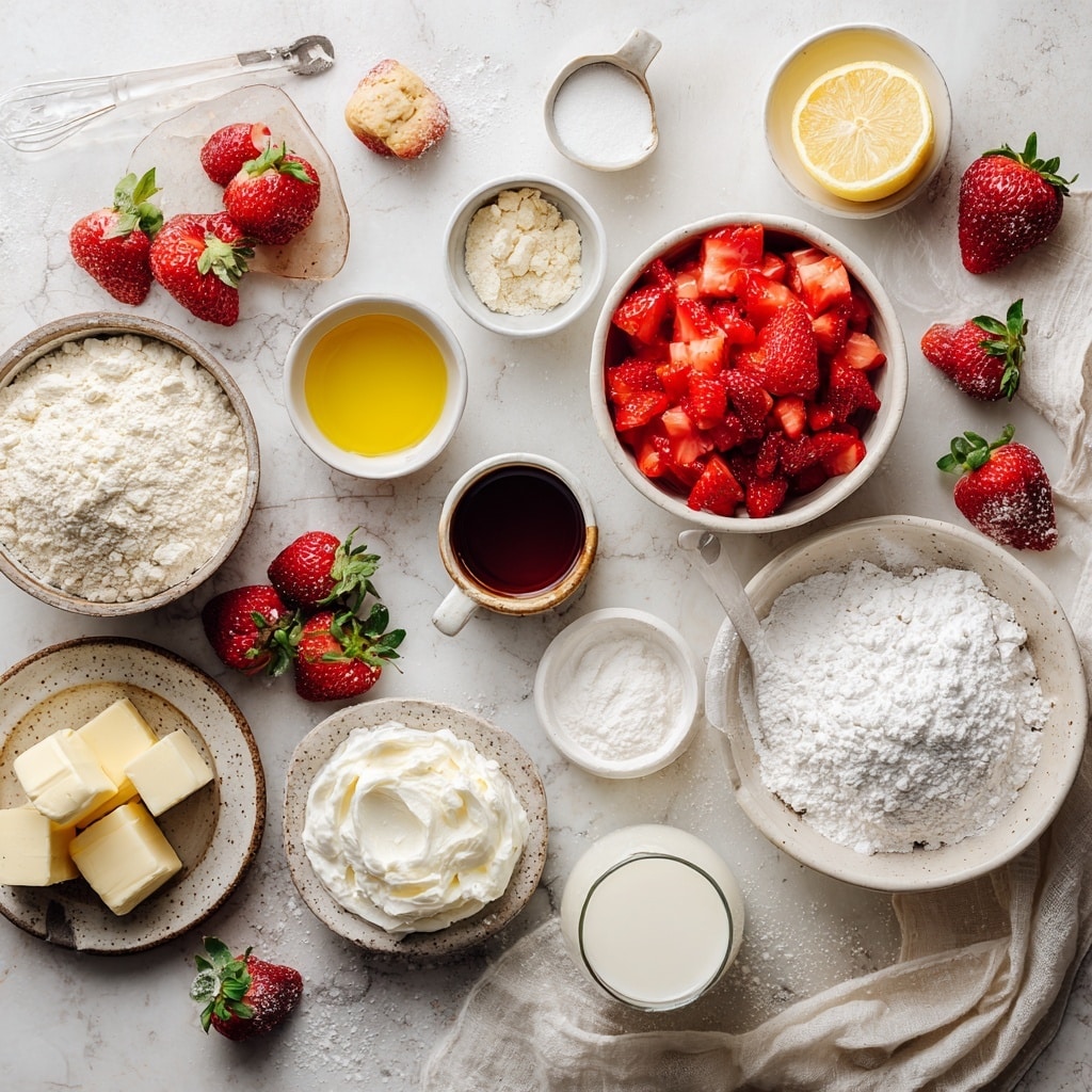 A layered dessert with two golden biscuit halves; the bottom biscuit holds a thick layer of white cream and sliced red strawberries arranged inside, while the top biscuit is placed on top with another dollop of white cream that slightly drips down its side. The top layer is decorated with a bright red strawberry slice and a small purple edible flower. The dessert sits on a small white scalloped plate, surrounded by fresh whole strawberries on a white marbled surface with a light green and white cloth underneath. Photo taken with an iphone --ar 4:5 --v 7