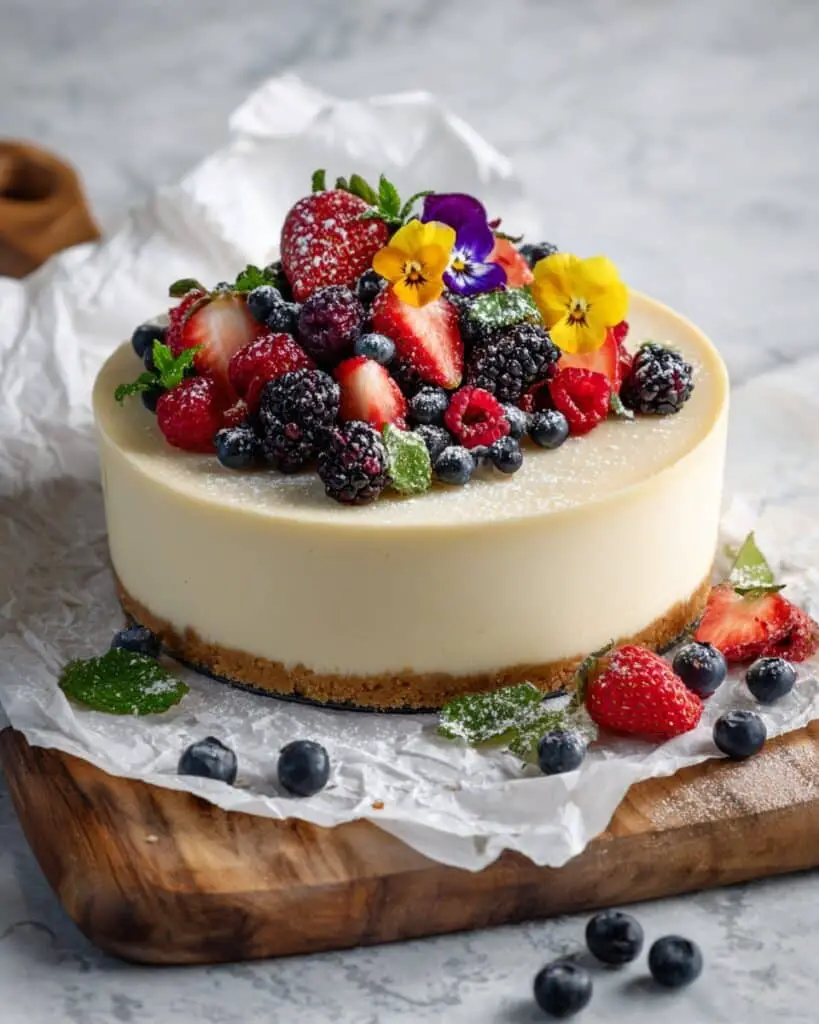 Lemon Cheesecake with Gingersnap Crust and Edible Flower Garnish Recipe