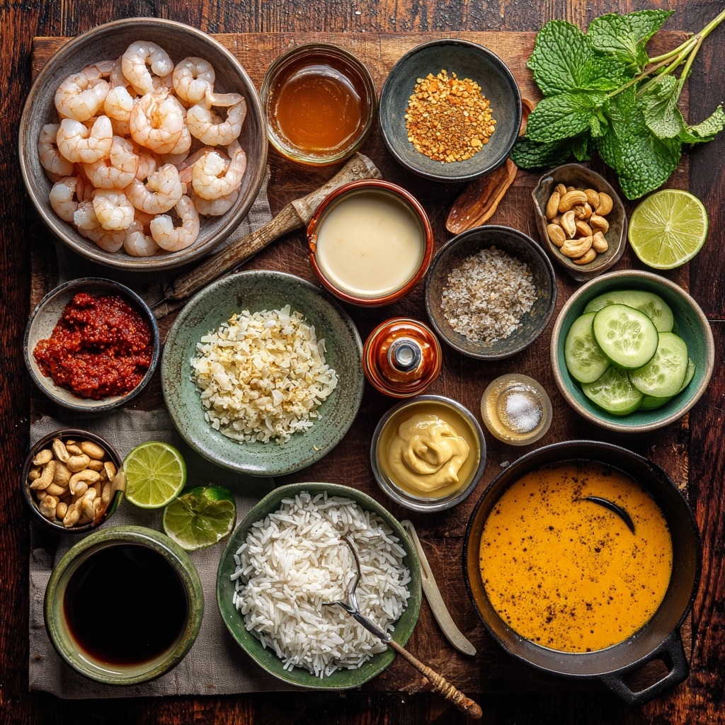 The image shows a white round ceramic dish with two handles, placed on a wooden board. Inside the dish, there are two layers: the bottom layer is a golden brown sauce with a shiny texture, and the top layer consists of many medium-sized shrimps arranged evenly, each shrimp having a light pinkish-orange color with some specks of seasoning. The background features a white marbled surface with several items: a bottle of olive oil, a jar of honey, a jar of red curry paste, a bowl filled with green limes, a wooden container with a lid, two glass jars with green herbs, a can of coconut milk, two shallots, and a garlic clove. photo taken with an iphone --ar 4:5 --v 7