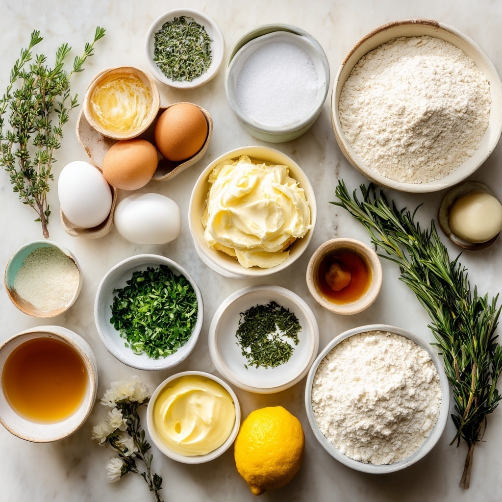 The image shows a close-up of a cupcake with two main layers: a light beige cake base and a thick, creamy pale yellow frosting layered on top. The frosting has a smooth texture with small green herb pieces mixed within it. On top of the frosting sits a dried lemon slice and sprigs of fresh green herbs like rosemary and thyme. The cupcake is set on a soft white marbled surface, and the background has more similar cupcakes, slightly out of focus. Photo taken with an iphone --ar 4:5 --v 7