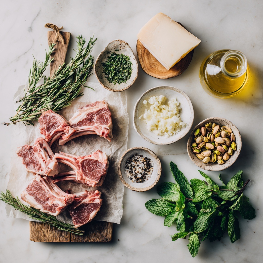 The dish shows three grilled lamb chops artistically placed in a white shallow bowl. The lamb chops have a dark brown, slightly charred crust with visible grill marks and herbs on the surface, standing upright with their bones pointing upwards. Underneath, there is a layer of small yellow couscous pearls mixed with diced cucumbers, white cheese, and finely chopped purple onion, adding bits of green, white, and purple to the yellow base. The bowl sits on a cream-colored lace cloth with a vintage knife and fork beside it on a white marbled texture. A glass of water and a small salt bowl are also partially visible in the background. Photo taken with an iphone --ar 4:5 --v 7