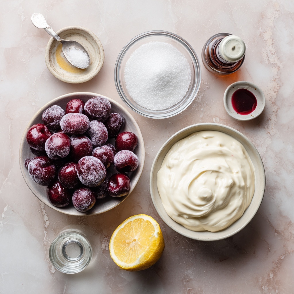 A close-up of a clear glass bowl filled with shiny dark red cherries soaked in deep red syrup, with a silver spoon holding two cherries above the bowl. The cherries have a smooth, glossy texture reflecting light, and the syrup looks thick and rich, pooling around the cherries in the bowl. Soft pink flowers are visible softly blurred in the background, creating a warm and inviting atmosphere. The scene is set on a white marbled texture. photo taken with an iphone --ar 4:5 --v 7
