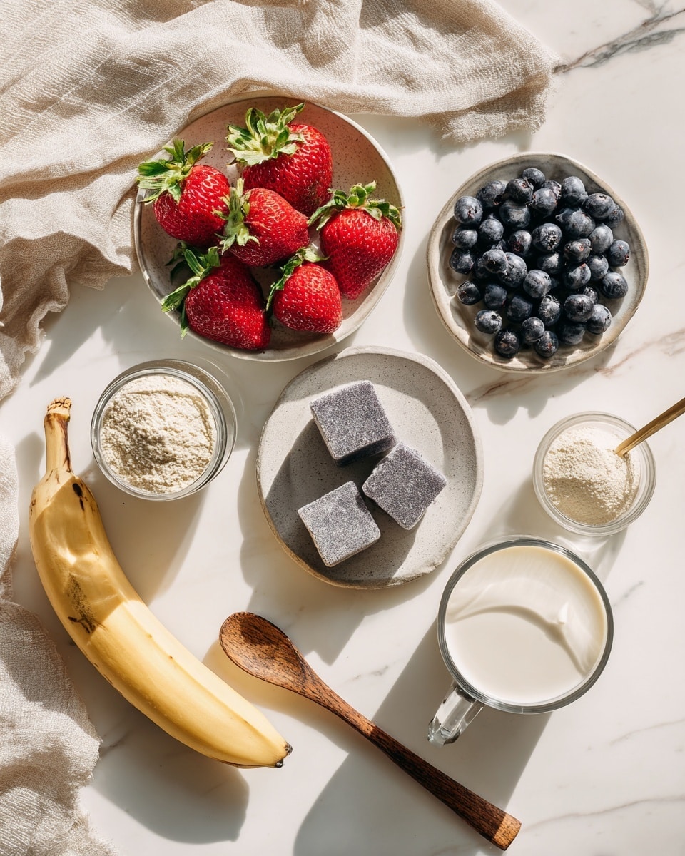 A tall clear glass jar holds a thick purple smoothie with small visible berry specks throughout. The jar is topped with a whole bright red strawberry with a green leaf on the rim, next to a fresh green mint leaf. A clear glass straw stands upright inside the jar. Around the jar on a white marbled surface are fresh green mint leaves, a ripe red strawberry, a dark blue blueberry, and a peeled yellow banana in the background. Sunlight softly shines on the scene, showing the smooth and dense texture of the smoothie. Photo taken with an iphone --ar 4:5 --v 7