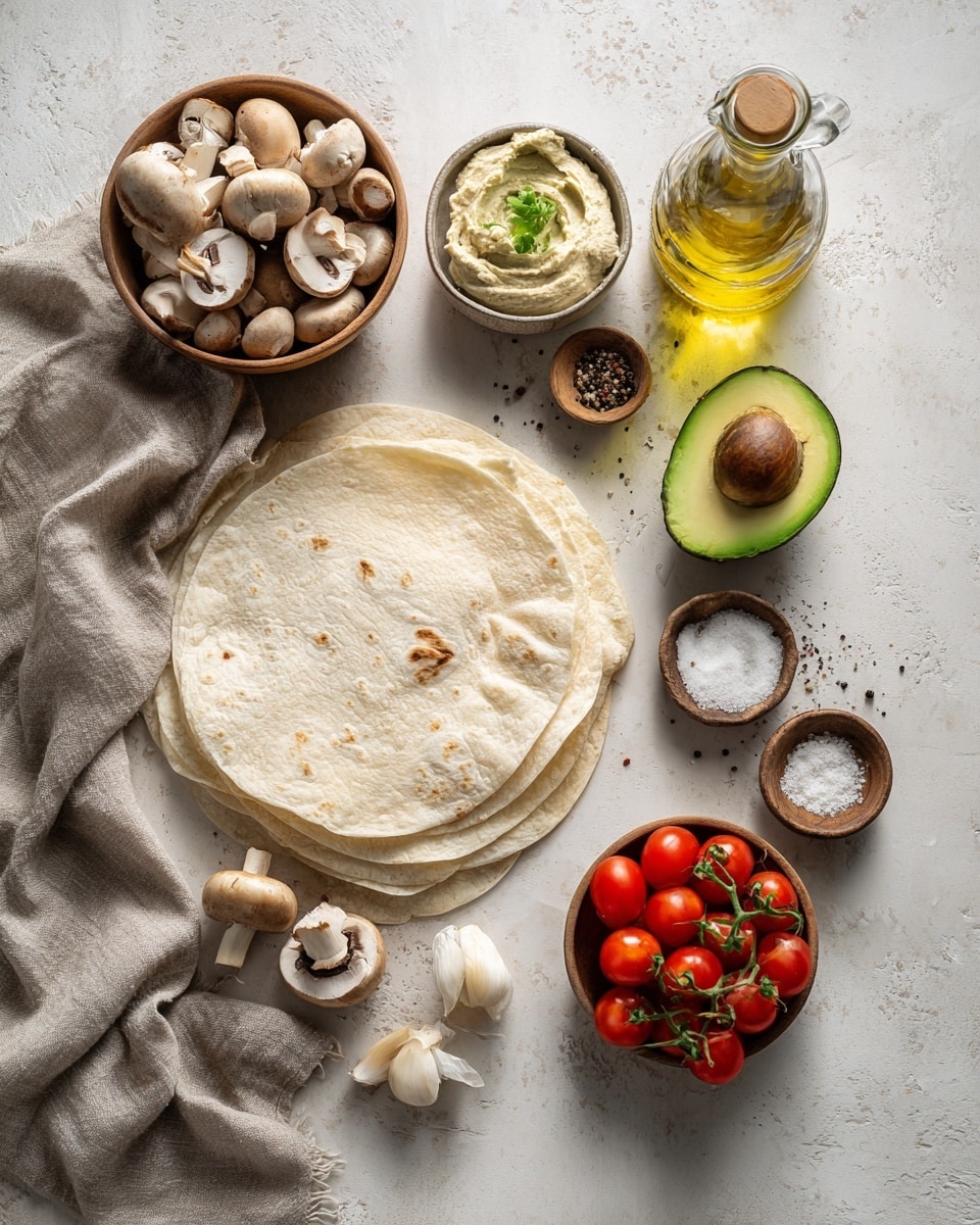 A large round flour tortilla is placed flat on a bamboo cutting board with a white marbled background. The tortilla is divided visually into four quarters with different toppings: in the top left, there is a pile of cooked, sliced mushrooms in dark brown shades with a slightly shiny texture; in the top right, a smooth, creamy beige spread covers the quarter; in the bottom left, a thick layer of light green spread with a coarse texture fills that quarter; and in the bottom right, bright red roasted cherry tomatoes cut in halves and quarters are piled. The tortilla shows slight toasted spots and is slightly folded near the bottom center where a woman's hand is gently touching it. Photo taken with an iphone --ar 4:5 --v 7