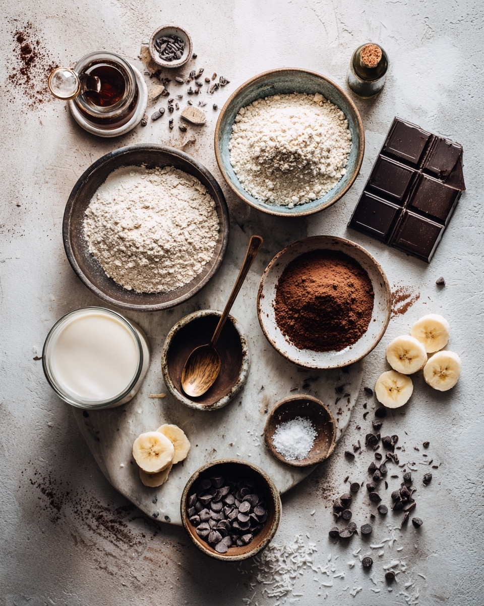 A stack of five thick, fluffy chocolate pancakes sits on a white plate, each pancake richly dark brown and slightly textured. The top pancake is covered with a smooth, glossy layer of melted milk chocolate sauce that drips down the sides in thick streams. Three slices of fresh banana rest on top of the chocolate sauce, their soft yellow color contrasting with the dark tones below. Around the base of the pancake stack on the white plate, there are several more banana slices scattered. The scene is set on a white marbled surface with soft natural light highlighting the shiny texture of the chocolate and the softness of the bananas. Photo taken with an iphone --ar 4:5 --v 7