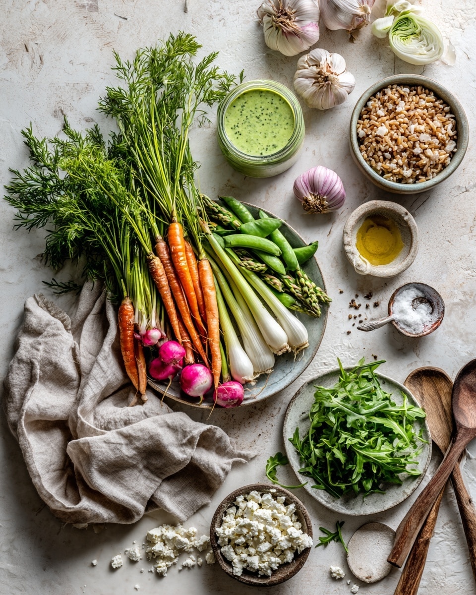 The dish is served on a large white oval plate with a patterned rim, placed on a white marbled surface. The bottom layer is a bed of fresh dark green arugula leaves spread evenly across the plate. On top of the greens, there are roasted baby carrots with their thin stems intact, bright orange and slightly browned, and charred green asparagus spears scattered throughout. Mixed in are small roasted radishes, some red and some white, halved to show their soft interior. There is a generous layer of cooked brown grains spread over the veggies, adding a chewy texture. Dollops of a vibrant green herb sauce are placed over the dish, along with crumbles of soft white cheese sprinkled all over. The combination creates a colorful, fresh, and textured look. Photo taken with an iphone --ar 4:5 --v 7