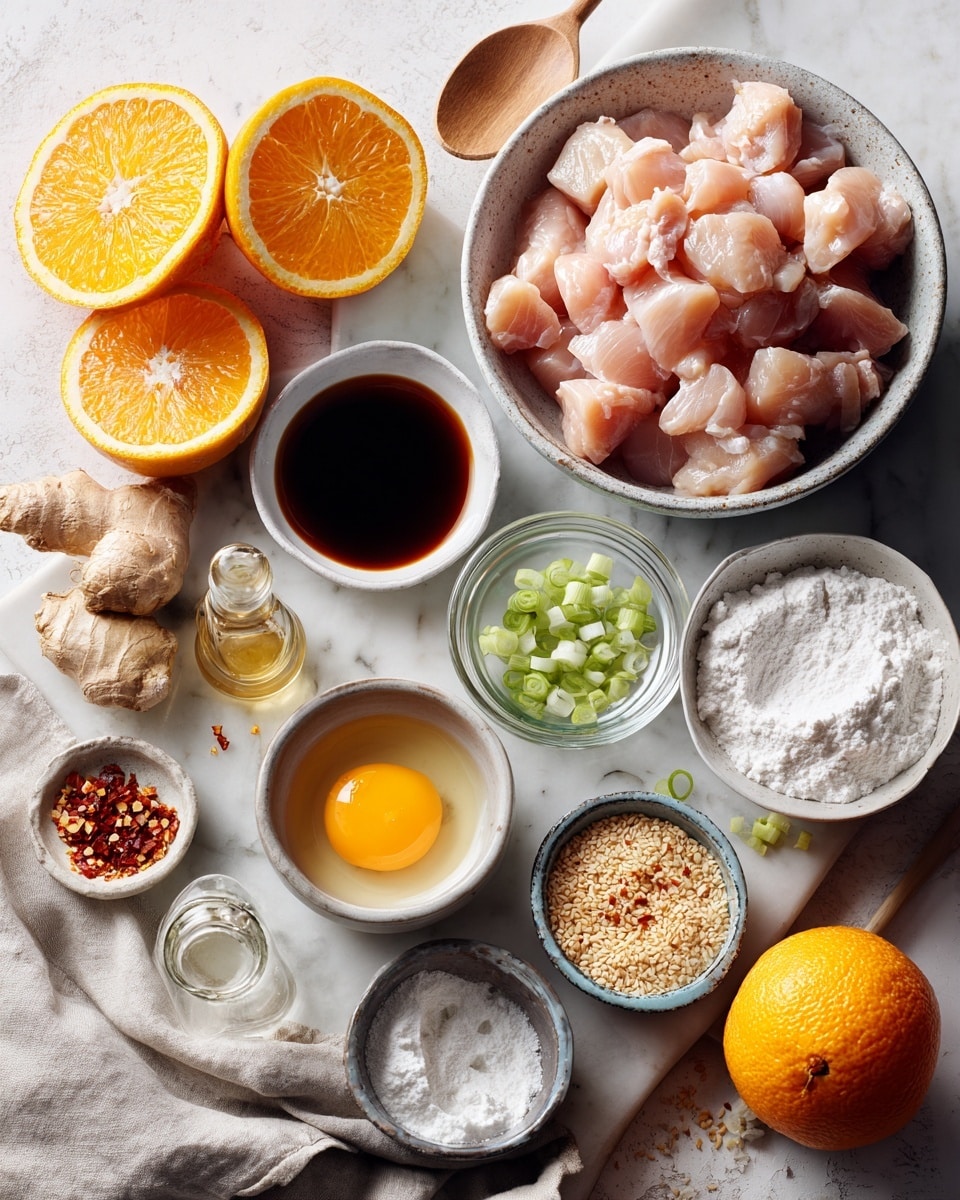 The image shows two side-by-side clear glass bowls on a white marbled surface, each with different contents. On the left, a woman's hand is pouring a yellow, liquid egg mixture over small, raw pale pink chicken pieces in the bowl. The chicken pieces are uneven chunks filling most of the bowl. On the right, a woman's hand is using a fork to stir a white powdery substance that looks like flour or powdered sugar inside the bowl. Both bowls sit on top of a red and white striped cloth. The scene is bright and clean. Photo taken with an iphone --ar 4:5 --v 7