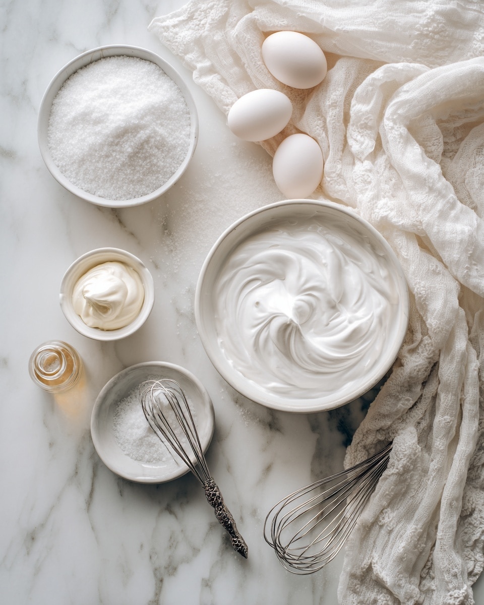 The image shows a close-up of white meringue being piped onto a light tan surface in star-shaped swirls. Each swirl has visible ridges and soft peaks, with the metal tip of the piping bag pressing down to shape the meringue. There are other finished white meringue swirls scattered around the surface, all evenly spaced. The texture looks smooth and fluffy, with well-defined edges on each swirl. photo taken with an iphone --ar 4:5 --v 7