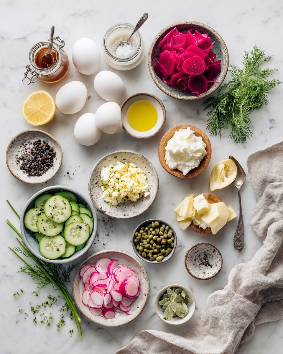 A woman's hand holds a colorful deviled egg with a bright purple outer layer and smooth white inner layer. The egg is filled with a creamy yellow mixture, topped with a small green cucumber round, some pink pickled onion strands, green herbs, and red pepper flakes. In the background, there is a white plate with more deviled eggs arranged in a circle, all decorated similarly with purple edges, yellow filling, and green and pink garnishes. The surface under the plate is a white marbled texture. photo taken with an iphone --ar 4:5 --v 7