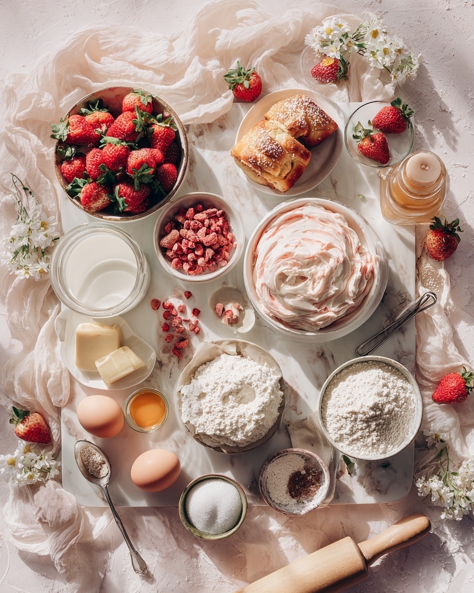 The image shows a flat, rolled-out dough dough sheet with a smooth, light yellow color as the base layer, spread out on a white marbled surface sprinkled with flour. The second layer covers the dough with a thin, even spread of cream-colored butter or cream, adding a glossy texture. On top of this, there is a layer of chopped bright red strawberries evenly scattered, showing juicy and fresh texture with pieces varying in size. Around the dough, there are whole strawberries placed on the white marbled surface and a white bowl filled with whole strawberries at the top right corner. A wooden rolling pin is seen at the top-left corner. photo taken with an iphone --ar 4:5 --v 7
