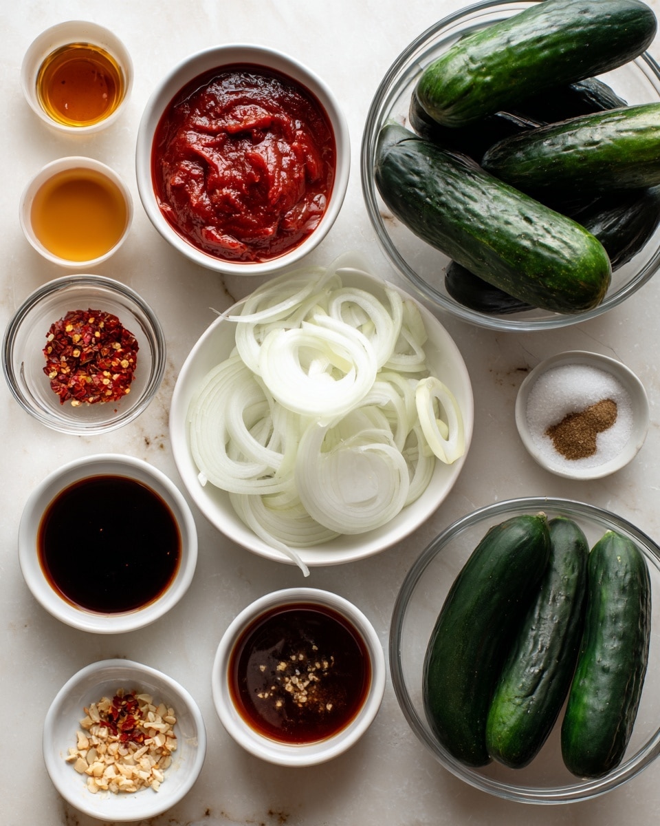 The image shows an overhead view of several small white bowls arranged neatly on a white marbled surface. The bowls hold different ingredients: thinly sliced white onions in the center bowl, a thick red sauce in another bowl above it, and a dark soy-like liquid in a bowl near the bottom. Surrounding these are a golden liquid, a lighter brown liquid, a small bowl of red chili flakes, a small bowl with minced garlic and ginger, and a bowl of salt. To the right side of the image, there is a clear plastic container holding seven dark green cucumbers with a glossy texture. The colors in the image contrast well and all items are spaced evenly. Photo taken with an iphone --ar 4:5 --v 7