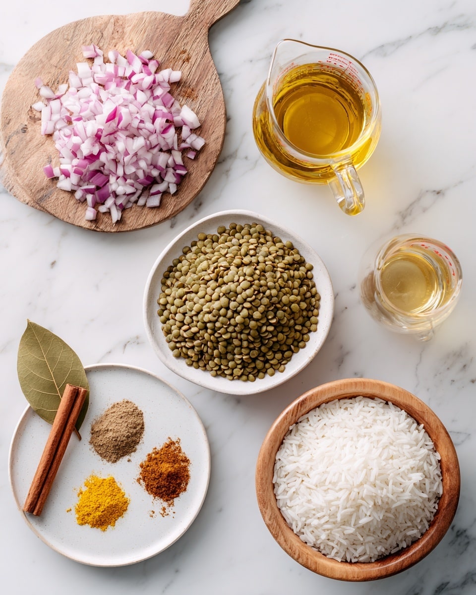 The image shows an arrangement of cooking ingredients on a white marbled surface. There is a white plate filled with green lentils placed near the center, a clear glass measuring cup with a golden liquid at the top right, and a wooden bowl filled with white rice at the bottom right. On the left side, finely chopped red onions are spread on a round wooden board with a bottle of oil partly visible. At the bottom left, a white plate holds several spices: a bay leaf, a cinnamon stick, a bright yellow powder, and two brown powder piles scattered side by side. photo taken with an iphone --ar 4:5 --v 7