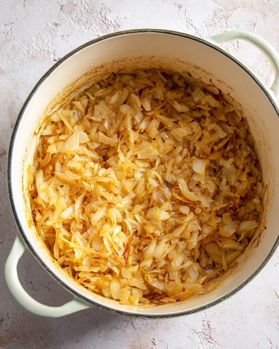 A white enamel pot filled with one layer of cooked chopped onions showing a mix of golden brown and light caramel colors with soft, slightly translucent texture. The onions cover the entire base, some edges showing light browning and a bit of crust formed along the inner sides of the pot. The pot is placed on a white marbled tiled surface with other cooking items partially visible but out of focus around it. photo taken with an iphone --ar 4:5 --v 7