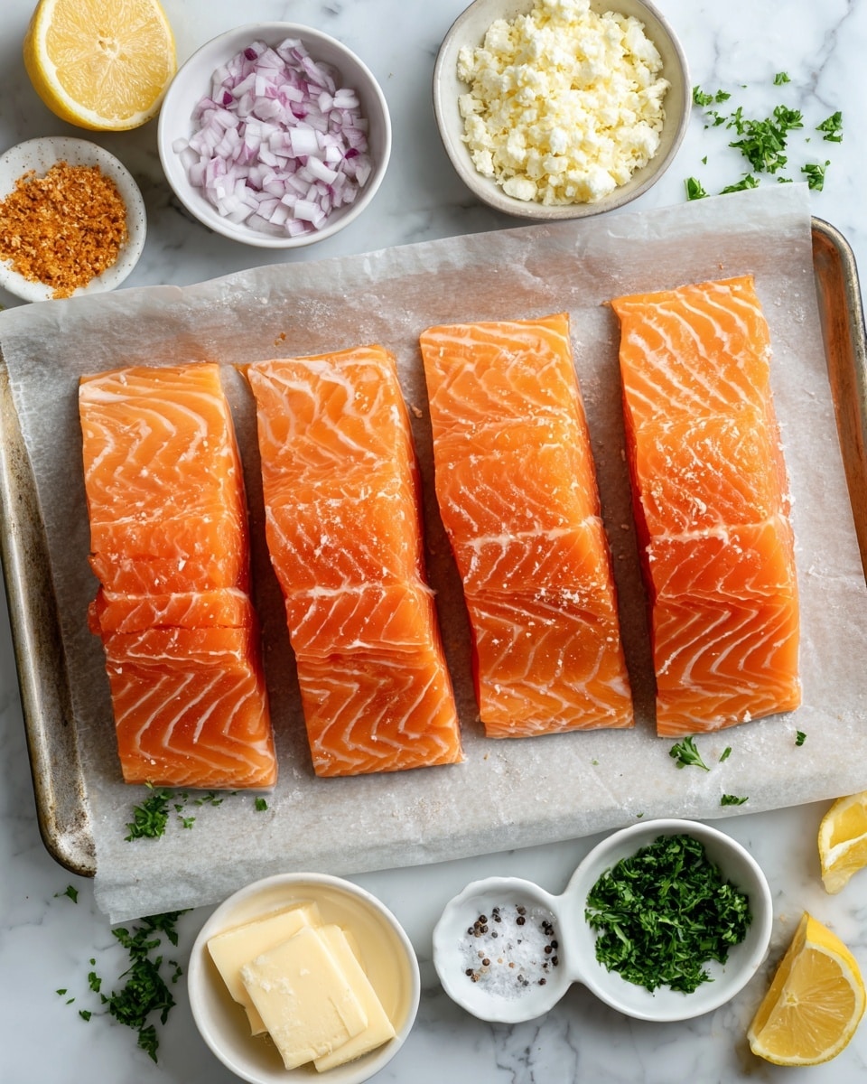 The image shows four raw salmon fillets with a bright orange color and visible white fat lines arranged in a single row on a parchment-lined baking tray, centered on a white marbled surface. Surrounding the tray are small white bowls: finely chopped red onions, yellow lemon zest with orange spices, crumbled crab meat, chopped green herbs, mayonnaise, light yellow mustard, pale yellow butter sticks, panko crumbs, and a small white divided dish with salt and black pepper. Fresh lemon wedges and sprigs of green parsley are scattered around. The scene is bright, clean, and organized. photo taken with an iphone --ar 4:5 --v 7