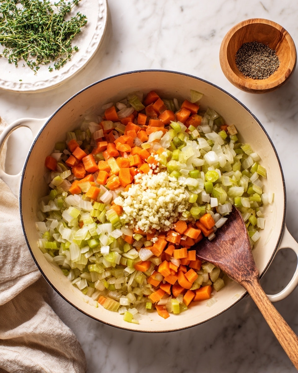 A white pan filled with three layers of diced cooked vegetables: the bottom layer is soft translucent onion pieces, the middle layer is light green diced celery, and the top layer is orange carrot slices and cubes, all mixed but mostly around the edges; in the center is a small pile of finely chopped raw garlic which is white and slightly chunky. A wooden spoon rests on the right edge of the pan stirring some vegetables. The pan sits on a white marbled surface. In the top left, there is a white plate with green fresh herbs and a wooden bowl with ground black pepper. A beige cloth is seen on the bottom left corner. Photo taken with an iphone --ar 4:5 --v 7