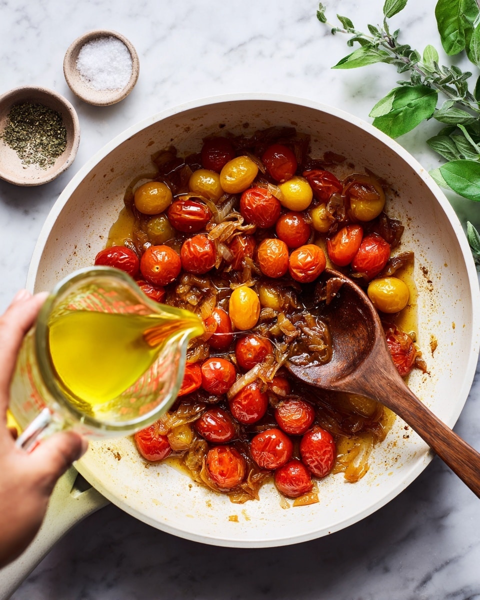 A white plate with blue floral patterns holds six pieces of browned chicken thighs arranged in two rows, each with crispy skin on top. Underneath and around the chicken are layers of cooked cherry tomatoes in red and yellow, sliced rings of red chili peppers, caramelized onion slices, and browned garlic slivers scattered throughout. Some browned small round pieces resembling cooked sausage pop through the colorful mix. Fresh green herbs are sprinkled on top, adding a touch of brightness. The plate sits on a white marbled surface with a fork and spoon placed on the right side. Photo taken with an iphone --ar 4:5 --v 7