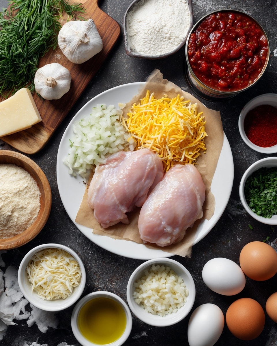 A white round plate in the center holds two raw light pink chicken pieces on a sheet of brown parchment paper. Around the plate are small white bowls filled with chopped white onions, a heap of shredded yellow cheese, white panko crumbs, white flour, a mix of grated cheese with a block of cheese on top, black pepper, and a bright red chunky sauce in an open can. There is also a small white bowl with green chopped herbs, a wooden bowl with white salt, a white bowl with two brown eggs, and another with white salt. To the left, a wooden cutting board displays fresh green herbs and garlic cloves. Small white bowls contain bright red pepper paste and golden oil. All items sit on a dark surface replaced with a white marbled texture. photo taken with an iphone --ar 4:5 --v 7
