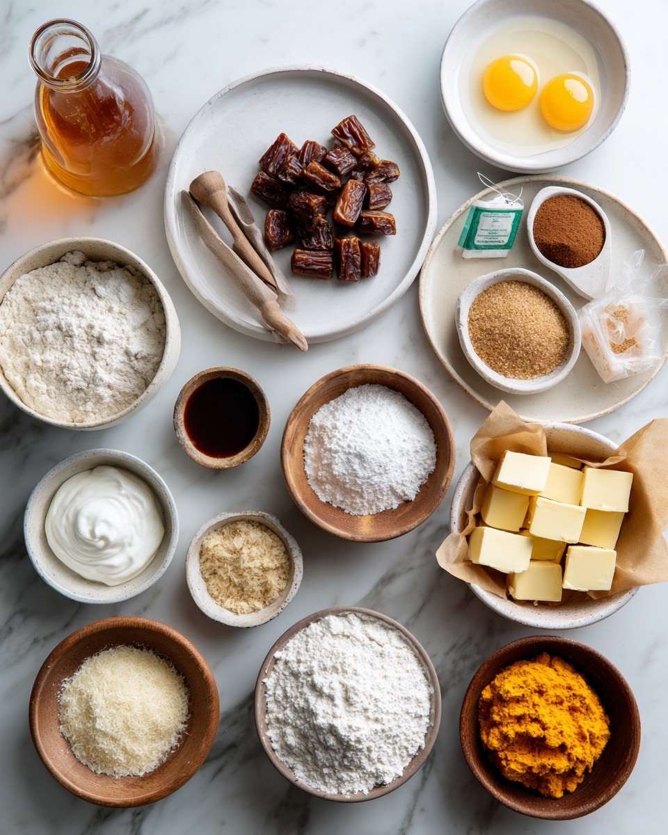 A variety of baking ingredients are arranged neatly on a white marbled surface. Starting from the top left, there is a glass bottle filled with amber syrup, followed by a small bowl containing chopped dark brown pieces, likely dates, placed in the center on a white plate. To the right, there is a wooden bowl with light brown sugar, a small plate with white powder, and two egg yolks in a wooden bowl next to a tea bag. Below, several small bowls contain different baking elements: one with white cream, another with a mix of white powder and cinnamon, a clear bowl with finely grated ginger, and a dark bowl holding a small wooden spoon with dark thick liquid. The bottom area features a large bowl of white flour, another bowl with brown sugar, a paper wrapper with sliced pale yellow butter, a wooden bowl with smooth orange sweet potato puree, and a small white bowl with more butter cubes. The whole setup is visually balanced and colorful, clearly ready for mixing. Photo taken with an iphone --ar 4:5 --v 7
