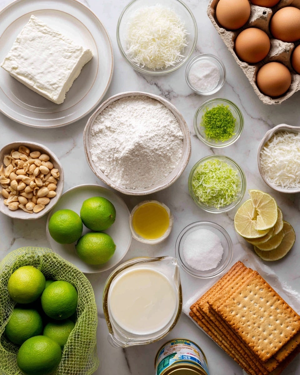 The image shows a flat lay of various baking ingredients arranged neatly on a white marbled texture. There is a plate with white cream cheese block on the upper left, a white bowl with white powder (likely flour) next to it, and a cardboard carton holding six brown eggs to the upper right. Small clear glass bowls hold white sugar, salt, and green lime zest scattered in the center. A white bowl filled with shredded coconut, a bowl of round beige nuts, and a container of bright yellow melted butter are also visible. Three vibrant green whole limes are placed near a green mesh bag filled with more limes at the bottom. A glass jug of cream and a glass bowl of pale yellow lime juice are present near the bottom left. On the right side, there are stacked rectangular golden brown graham crackers with partially open brown paper wrapping, along with a can of coconut milk and a can of sweetened condensed milk nearby. The whole arrangement is clean and bright. Photo taken with an iphone --ar 4:5 --v 7