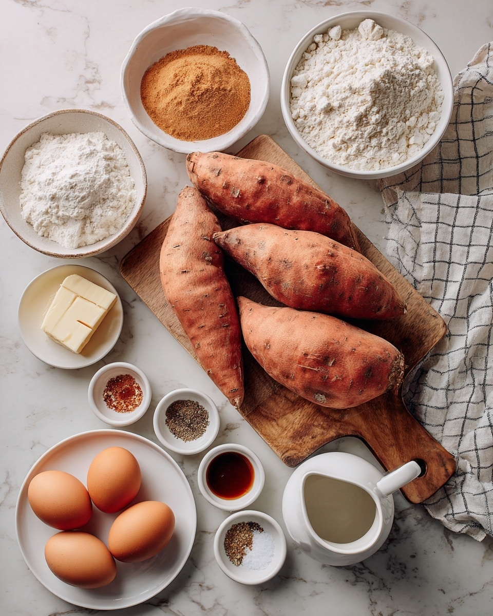 The image shows four large, rough-textured sweet potatoes placed on a wooden board in the center, surrounded by several bowls and containers with baking ingredients on a white marbled surface. There is a white bowl with brown sugar at the top left, a white bowl with white flour on the top right, and a white plate holding four brown eggs in the bottom left corner. In addition, a stick of butter lies diagonally next to the sweet potatoes, and smaller bowls hold various spices, salt, white powder, dark liquid, and sugar around the sweet potatoes. A white pitcher with a small amount of liquid is on the right, with a checkered cloth partially visible at the bottom left. The setup is clean and well arranged, emphasizing the natural, warm, and earthy colors of the ingredients, photo taken with an iphone --ar 4:5 --v 7
