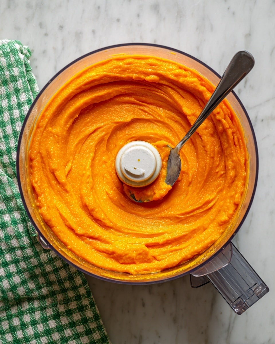 A food processor bowl filled with one thick and smooth layer of bright orange puree, with an even, creamy texture and a small silver spoon resting inside, surrounded by a clear plastic bowl edge and a white marbled surface underneath, accompanied by a green and white checkered cloth at the bottom left corner photo taken with an iphone --ar 4:5 --v 7