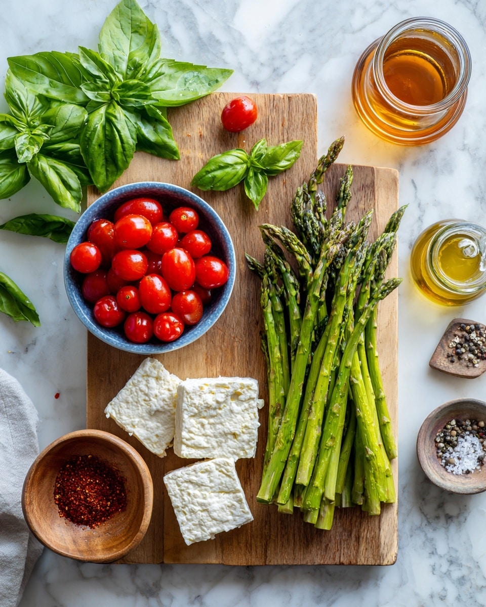 The image shows a wooden board on a white marbled surface with fresh ingredients arranged neatly. On the left side, there are bright green basil leaves scattered around a blue bowl filled with small, shiny red grape tomatoes. Below the bowl, there are two pieces of white cheese with a soft texture. At the center bottom, there is a small wooden bowl filled with red spices. To the right of the board, there is a bunch of fresh green asparagus stalks laid out in a neat row, with a few stray stalks on the surface next to the board. There is a small glass jar with a golden liquid, likely oil, and a small round dish with salt and black pepper in the top right corner. A glass cup filled with amber-colored liquid is placed near the top center of the board. The colors are bright and crisp, with a clean and fresh look, photo taken with an iphone --ar 4:5 --v 7