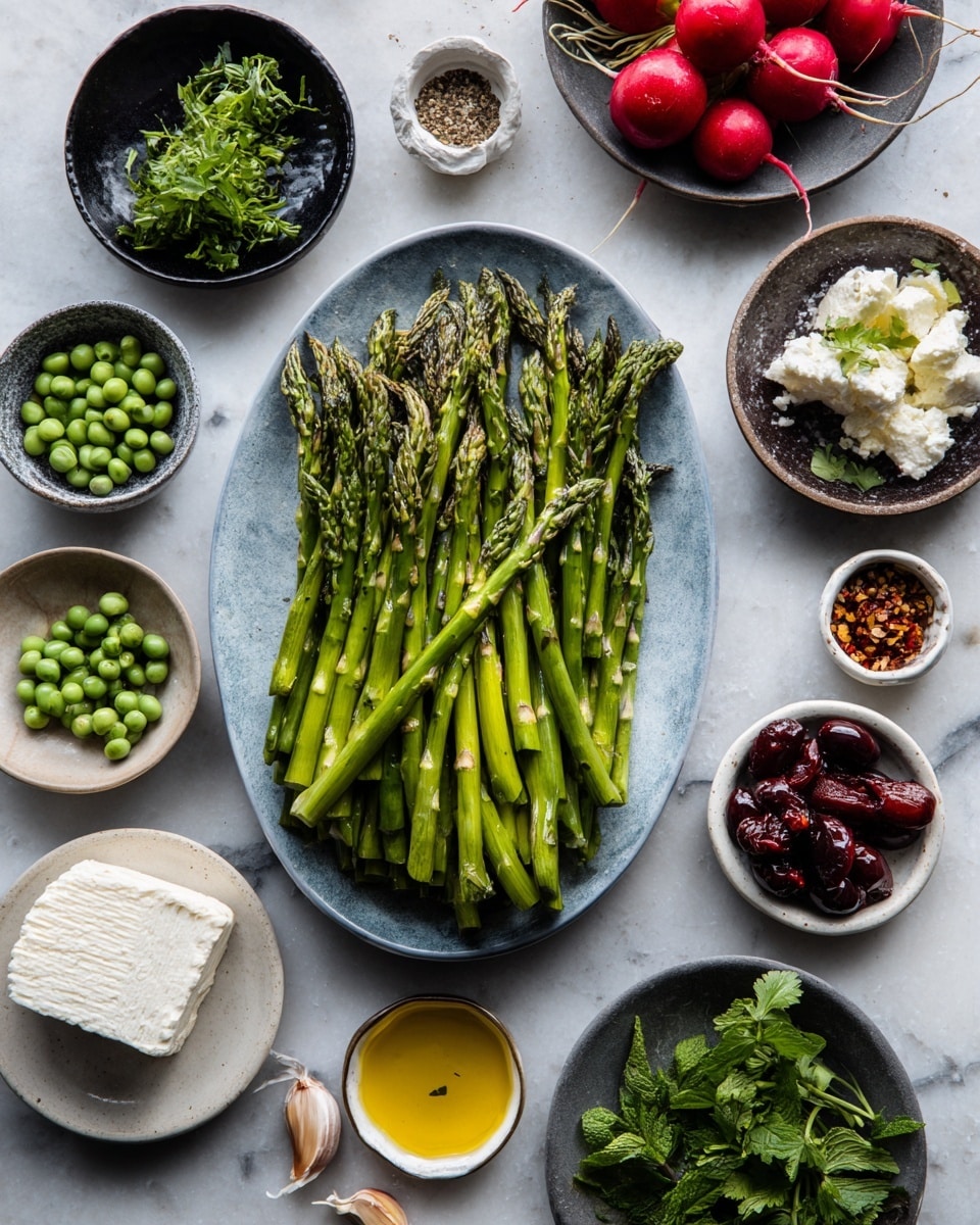 A blue oval plate with a bunch of bright green asparagus is in the center on a white marbled texture. Around it, there are small white bowls and black dishes holding different ingredients: red radishes, a white block of cheese, green peas, dark red cherry tomatoes, two garlic cloves, fresh green herbs like mint and cilantro, and small amounts of brown spice, black pepper, and dark red liquid. A small bowl holds golden yellow oil. The colors are vibrant and the arrangement is neat and clear. photo taken with an iphone --ar 4:5 --v 7