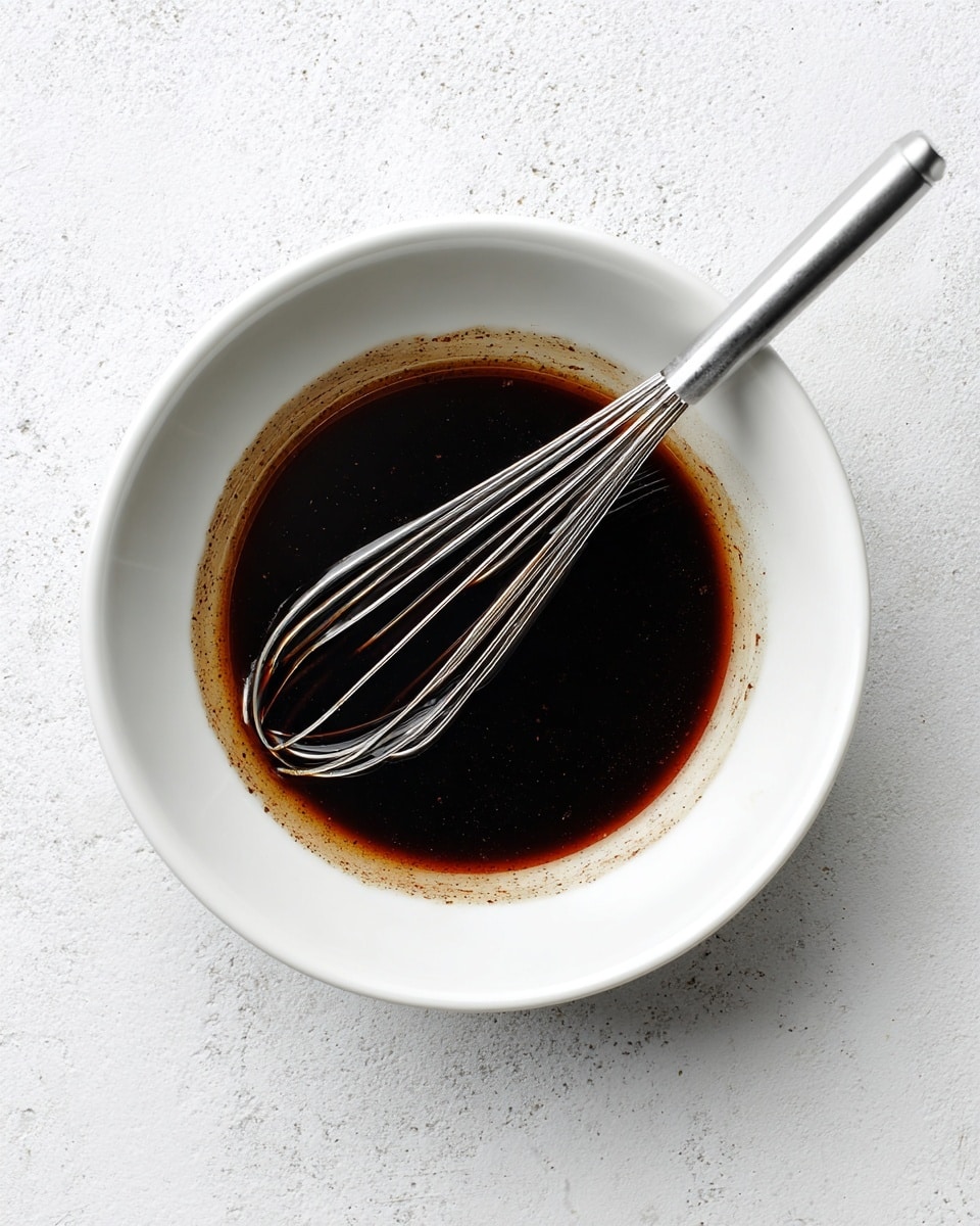 A white bowl sits on a white marbled surface, filled with a single layer of dark brown liquid mixture. The inside edges of the bowl have a streaky pattern of the same brown color, showing it has been stirred. A silver whisk lies inside the bowl, resting on top of the liquid, with its handle extending outward. The bowl is round and simple, and the overall image has a clean, bright look. photo taken with an iphone --ar 4:5 --v 7