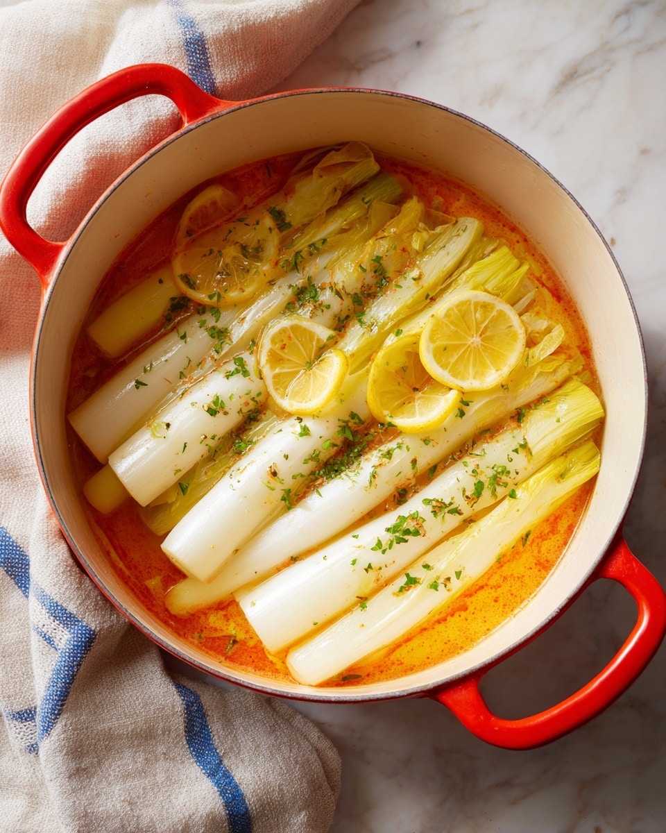 A white pot with red handles holds a neat layer of thick white and light green stalks arranged side by side, topped with a few bright yellow lemon slices. The stalks are covered with a light orange sauce and sprinkled with small green herbs. The pot is placed on a white marbled surface with a beige and blue cloth on the side. Photo taken with an iphone --ar 4:5 --v 7