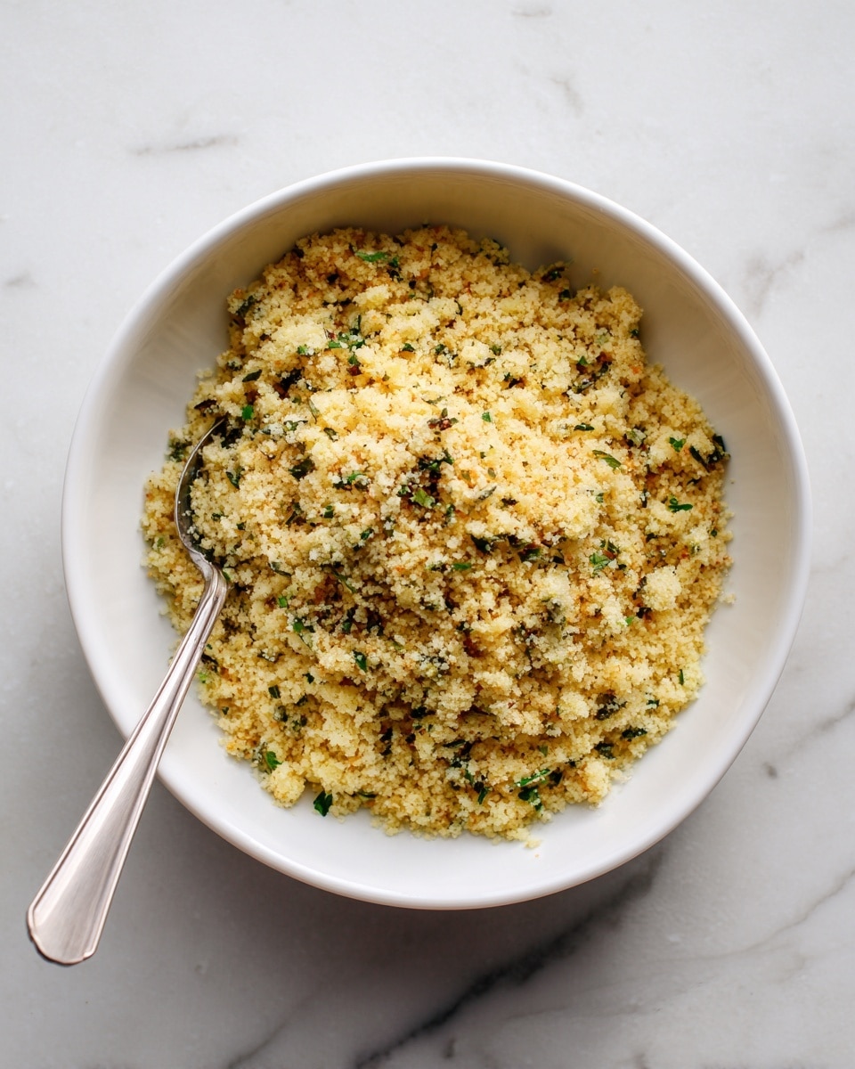 A white bowl filled with a single layer of yellowish bread crumbs mixed with small pieces of green herbs and some light grated cheese on top, creating a textured, crumbly surface. A spoon with a light cream handle rests inside the bowl, partially covered by the bread crumb mixture. The bowl sits on a white marbled texture surface. photo taken with an iphone --ar 4:5 --v 7