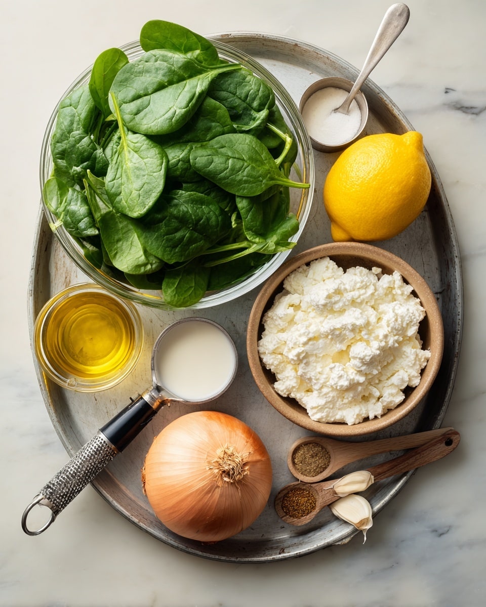 A metal tray holds several ingredients arranged neatly on a white marbled surface. On the left side is a clear glass bowl filled with bright green fresh spinach leaves, showing their texture and veins clearly. To the right of the spinach is a whole yellow lemon. Next to the lemon, there are three small containers: a metal cup with white cream, a clear glass cup with golden olive oil, and a round brown bowl filled with white cottage cheese with a silver spoon sticking out. Below these containers, in the center of the tray, is a whole orange onion with dry outer skin. On the lower right side, there are three garlic cloves, a long black-handled grater arm, and two small wooden spoons—one with white salt and the other with brown spice powder. Photo taken with an iphone --ar 4:5 --v 7