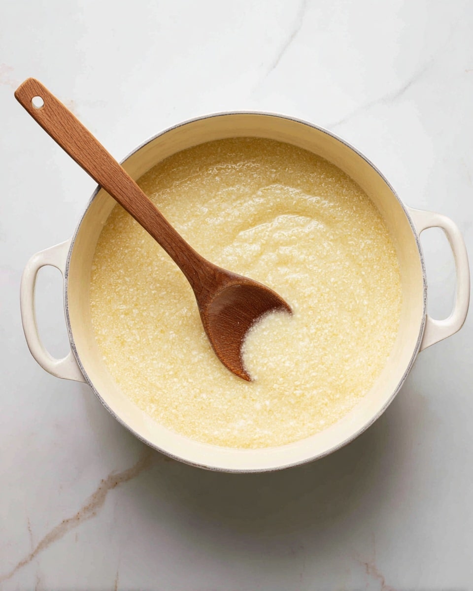 A white enamel pot is filled with a creamy, pale yellow mixture that looks thick and grainy, almost like risotto or porridge, covering the entire inside surface of the pot. A wooden spoon with a long handle rests inside, partially submerged in the mixture, showing texture on the spoon’s rounded edge. The pot is placed on a white marbled surface which adds a clean and bright background to the scene. photo taken with an iphone --ar 4:5 --v 7