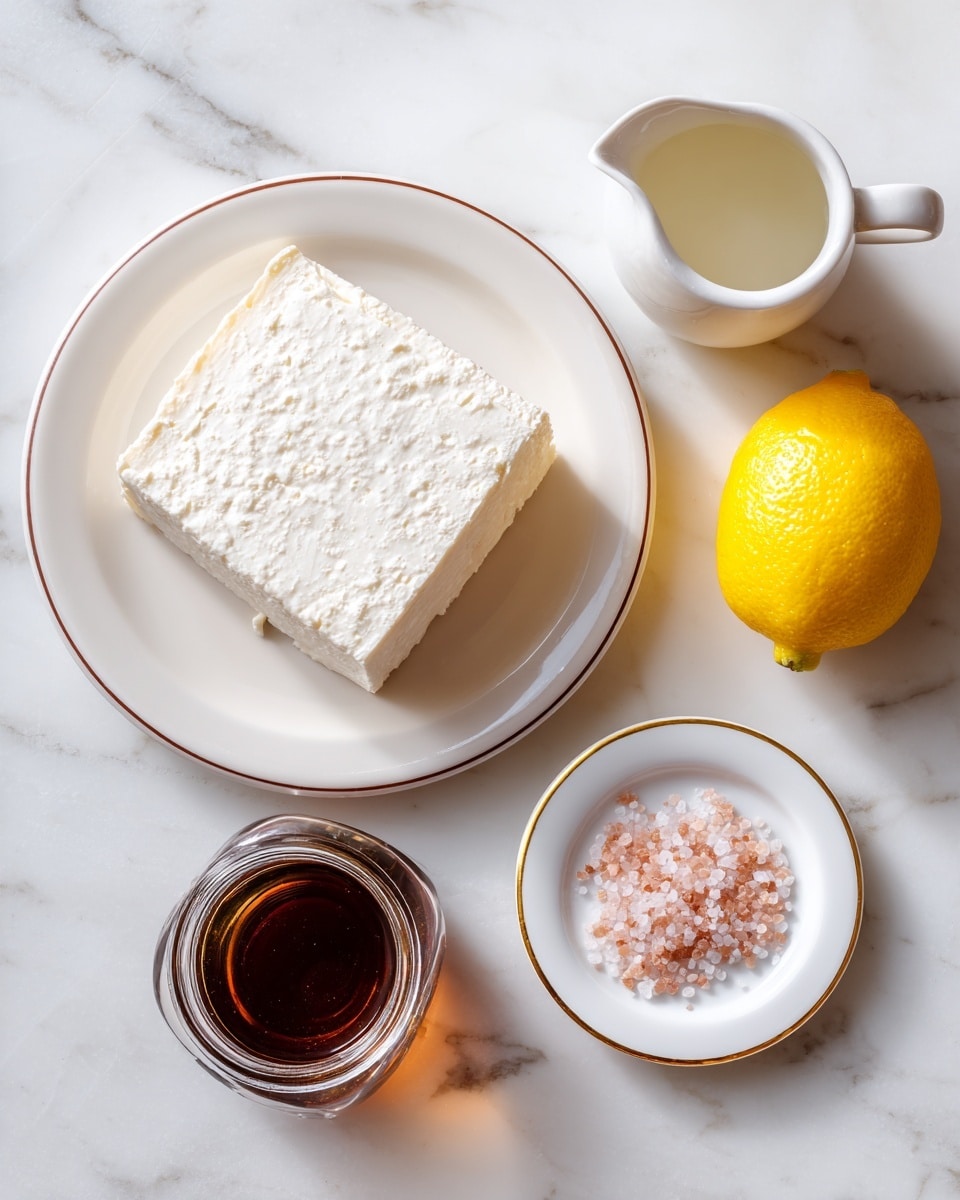 A rectangular block of white, soft cheese with a slight grainy texture sits on a white plate with a thin brown edge. To the right, a white small pitcher filled with a pale liquid is next to a bright yellow lemon with a smooth surface. Below the plate and lemon, a small glass jar filled with dark amber-colored syrup and a small white plate with a gold rim holding a small pile of pink salt are placed. The whole scene is set on a white marbled surface with visible light grey veins. photo taken with an iphone --ar 4:5 --v 7