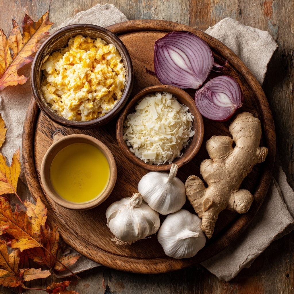 A white pot filled with three main layers of ingredients: the bottom left half is bright orange large cubes of butternut squash, the top right half is smaller chopped pieces of orange carrots, and on top of the vegetables are loose piles of dark brown spices spread mainly on the right side. Surrounding the pot on a white marbled surface are a small white bowl with white cubes of butter top left, a small white bowl with light brown puree bottom left, and a glass and a pitcher filled with light orange liquid top right. Photo taken with an iphone --ar 4:5 --v 7