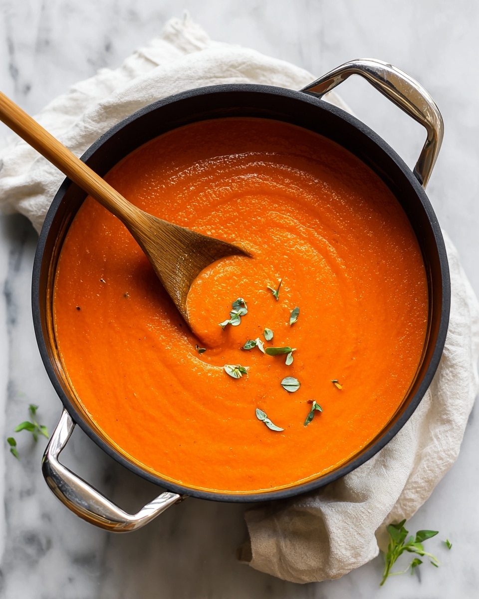 A large black pot filled with one smooth, thick layer of bright orange soup, slightly textured, is placed on a white marbled surface. A wooden spoon dips into the soup, lifting a small mound showing the creamy texture. Three small sprigs of fresh green herbs float on top near the center. The pot has shiny silver handles on each side and sits partially on a white cloth with soft folds. Some green herb sprigs rest on the white marbled surface near the pot. photo taken with an iphone --ar 4:5 --v 7