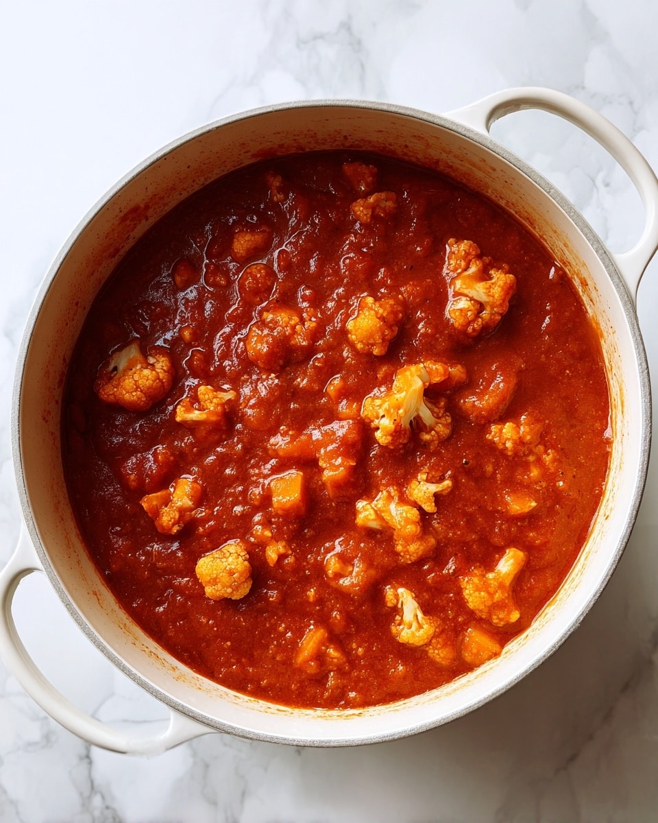 A white pot filled with a stew made of a thick red sauce, with visible pieces of orange chunks and small white cauliflower pieces all mixed together. The stew has a rich, smooth texture with the chunks floating evenly throughout. The pot is placed on a surface with a white marbled texture. photo taken with an iphone --ar 4:5 --v 7