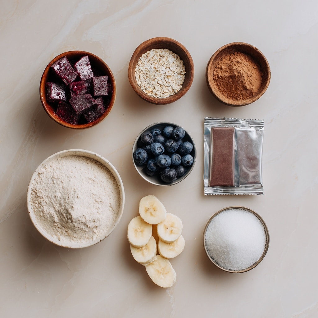 Inside a clear blender container, there are several layers of ingredients ready to be blended. The bottom layer is light yellow slices of banana mixed with small bits of red strawberries and dark blue blueberries. On top of that, thick white yogurt is added. Above the yogurt, there are several deep purple frozen berry chunks forming a rough mound. Near one side of the purple chunks, there is a pile of beige powder, likely a protein or supplement powder. The blender is placed on a white marbled surface, and in the top right corner, a small round wooden plate holds fresh bright red strawberries, red raspberries, and blue blueberries. A soft off-white cloth is partly visible at the bottom left edge. Photo taken with an iphone --ar 4:5 --v 7