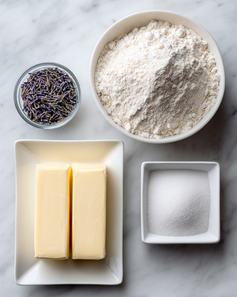 A clear round food processor bowl shows two main layers: a bottom layer of fine white sugar and a top layer of small, dry, purple lavender buds sprinkled on one side. The metal blade in the center is shiny and curved, with some sugar crystals on top. The bowl sits on a white marbled surface. photo taken with an iphone --ar 4:5 --v 7
