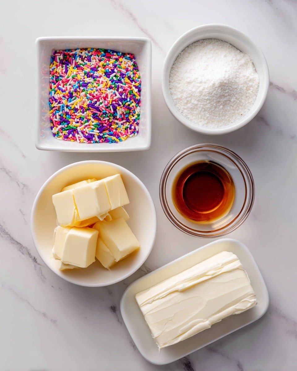 A white bowl filled with three visible layers: a bottom layer of creamy pale yellow butter spread unevenly around the bowl edges, a thick middle layer of white powdered sugar piled high in the center, and a small amount of dark brown vanilla extract drizzled on top of the powdered sugar. The bowl sits on a white marbled surface, with some butter stuck to the sides. Photo taken with an iphone --ar 4:5 --v 7