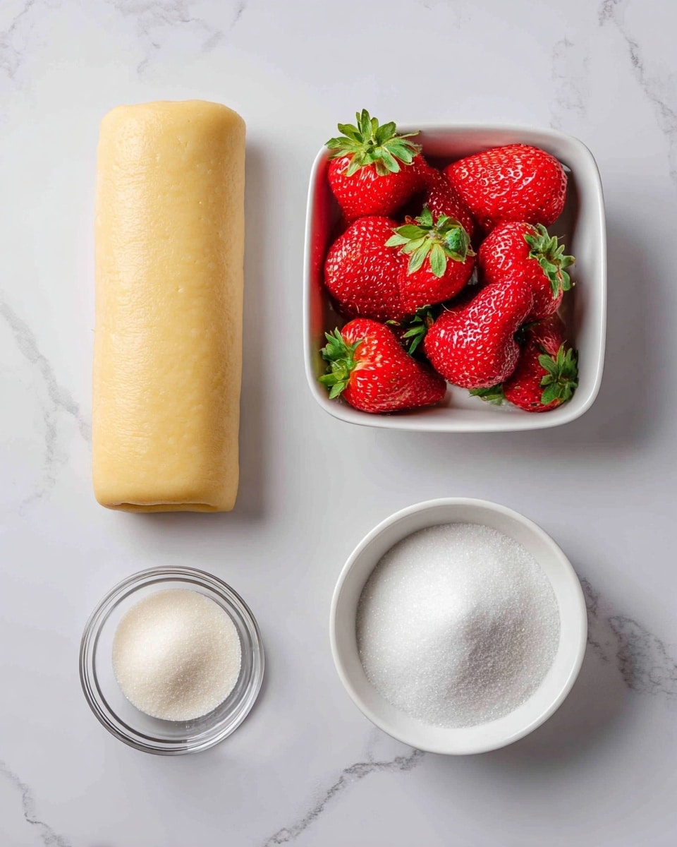 In a white bowl on a white marbled surface, there is a single layer of small red strawberry pieces topped with two separate piles of white powder, one slightly finer and denser than the other, resting side by side on the fruit, giving a contrast of textures and colors. photo taken with an iphone --ar 4:5 --v 7