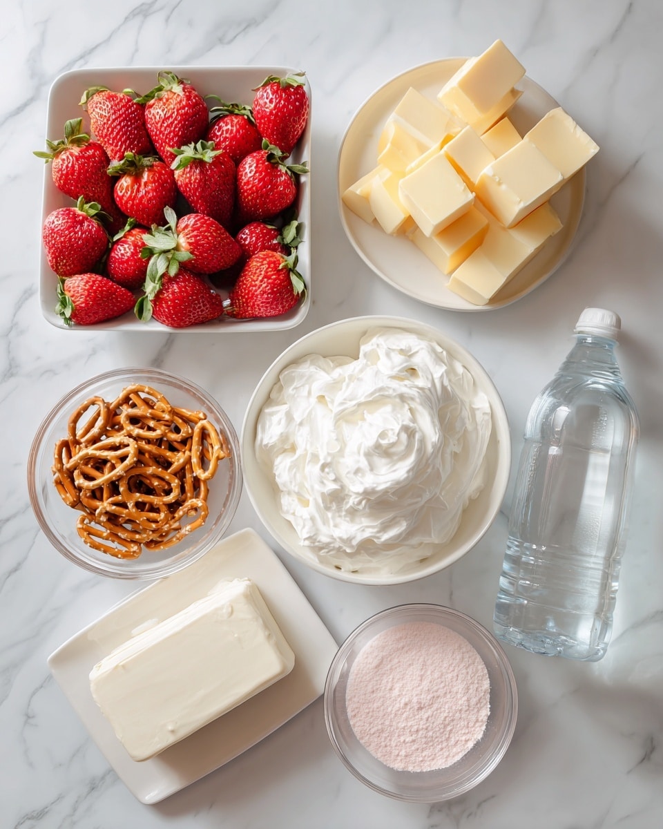 A large clear glass bowl sits on a white marbled surface, holding three main layers of ingredients. The bottom layer is a stream of melted golden yellow butter pooling in the bottom right. Surrounding the butter on the top and left side is a thick circle of broken pretzel sticks, light brown in color with rough and crunchy texture. In the middle of the circle, on the left side, is a small pile of fine white salt. The ingredients are separate but close enough to suggest they will soon be mixed. Photo taken with an iphone --ar 4:5 --v 7