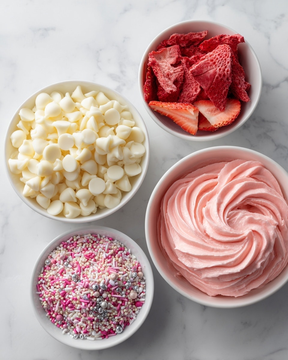 A clear glass bowl sits on a white marbled surface, filled halfway with a smooth, thick pink mixture. On top of the pink layer, there are many small, deep red, dried berry pieces scattered in the center. A pink spoon with a shiny texture is partially stuck inside the bowl, resting on the right side and dipping into the mixture and berries. The scene is bright with soft natural light highlighting the creamy texture of the mixture and the rough texture of the dried berries. Photo taken with an iphone --ar 4:5 --v 7
